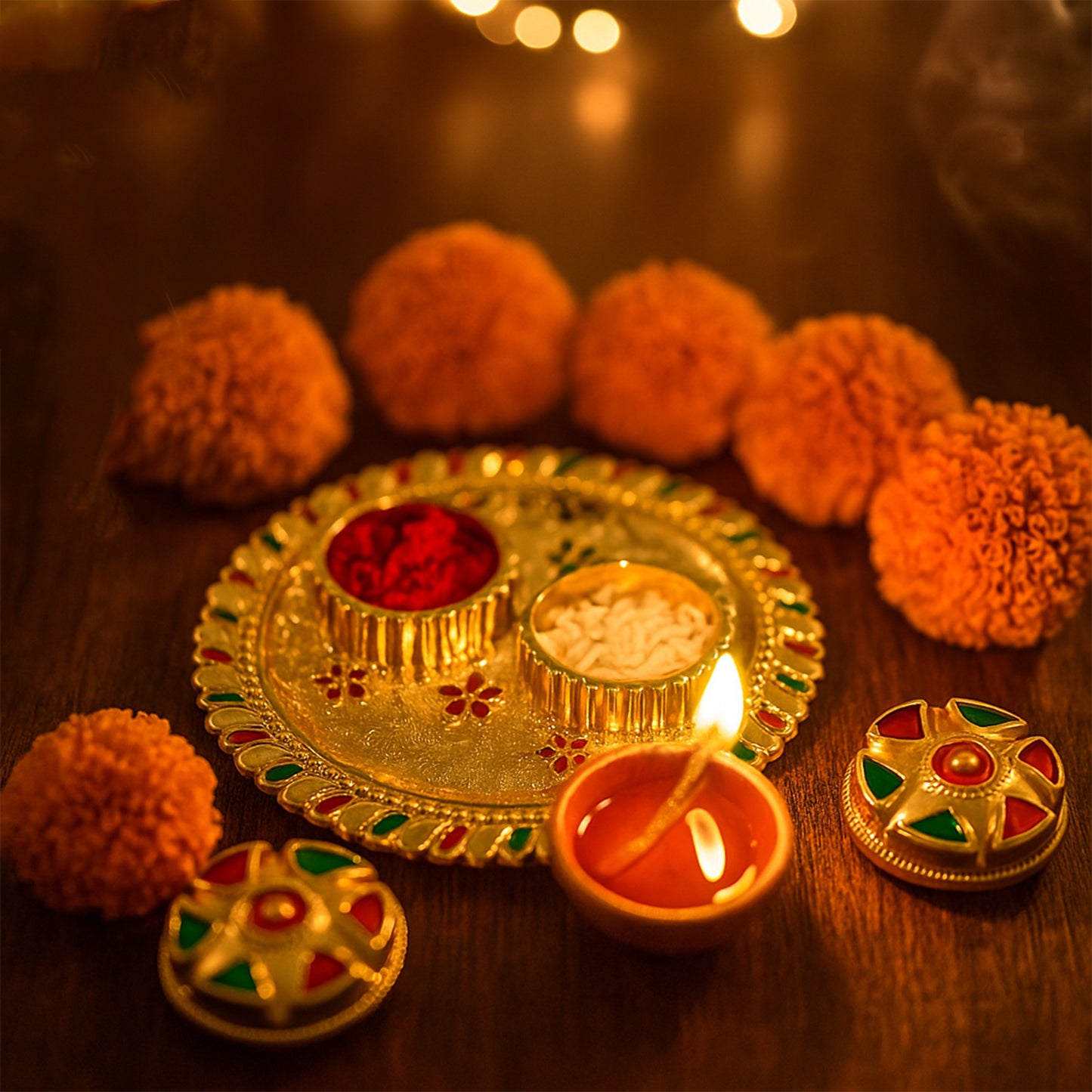 Meenakari Pooja Thali Set with 2 Bowls & Lids - Decorative Kumkum Haldi Container (1 Pc, Assorted Design) - Happy Price - Image 10