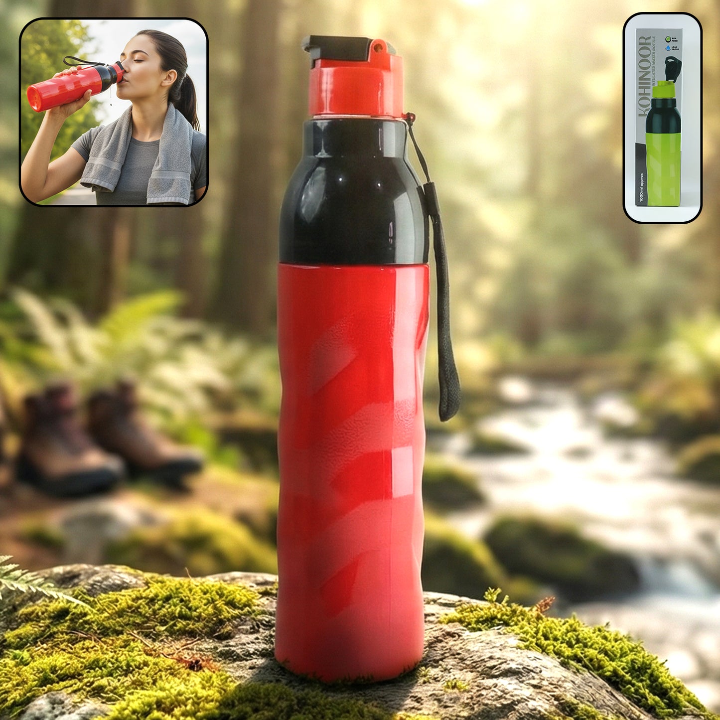 1000 ML Plastic Sports Water Bottle with Flip Lid and Strap (1 Pc) - Happy Price - Image 2