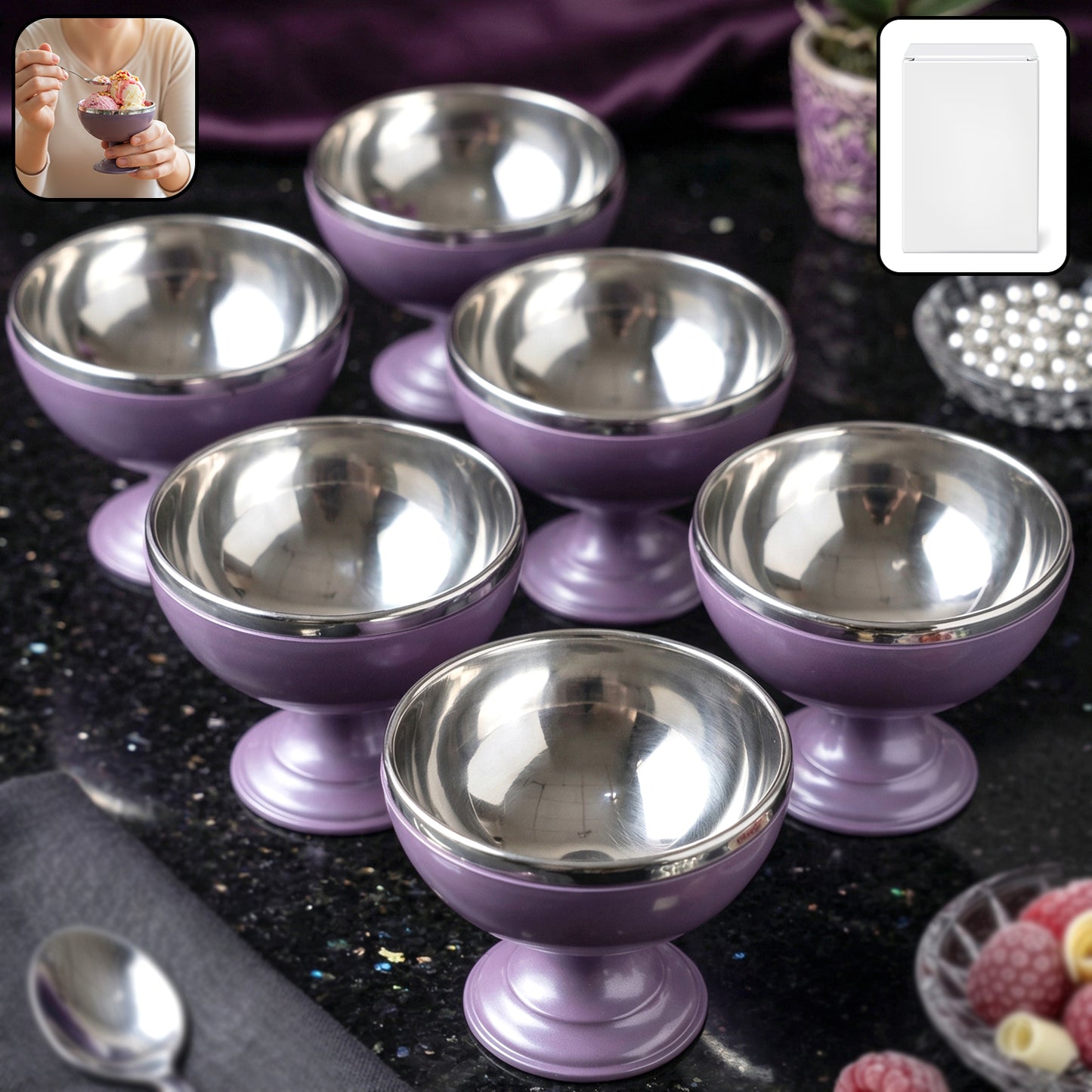 6 Piece Stainless Steel Dessert Bowl Set with Stand for Ice Cream & Pudding - Great Price - Image 2