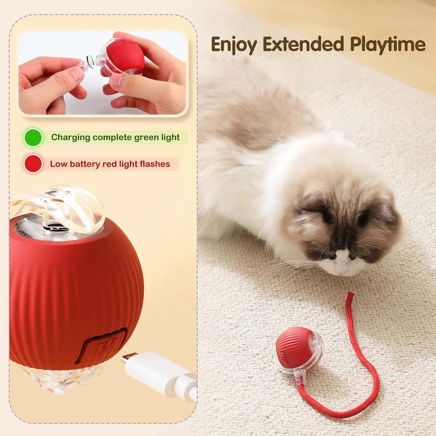 Rechargeable Interactive Cat Ball Toy with LED Light & Braided Tail (1 Pc) - Happy Price - Image 3