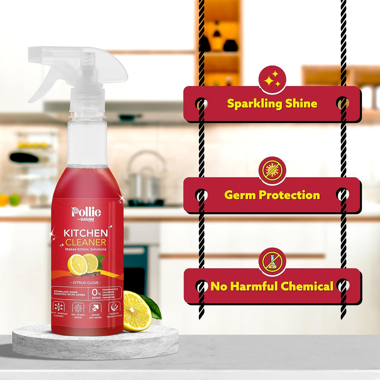 Kadam Concentrated Kitchen Cleaner Refill Kit with Spray Bottle - Citrus Clove, 3 Sachets for 600ml - Happy Price - Image 3