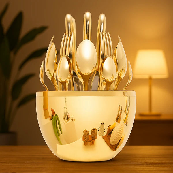 24-Piece Golden Cutlery Set with Oval Stand - Happy Price - Image 2