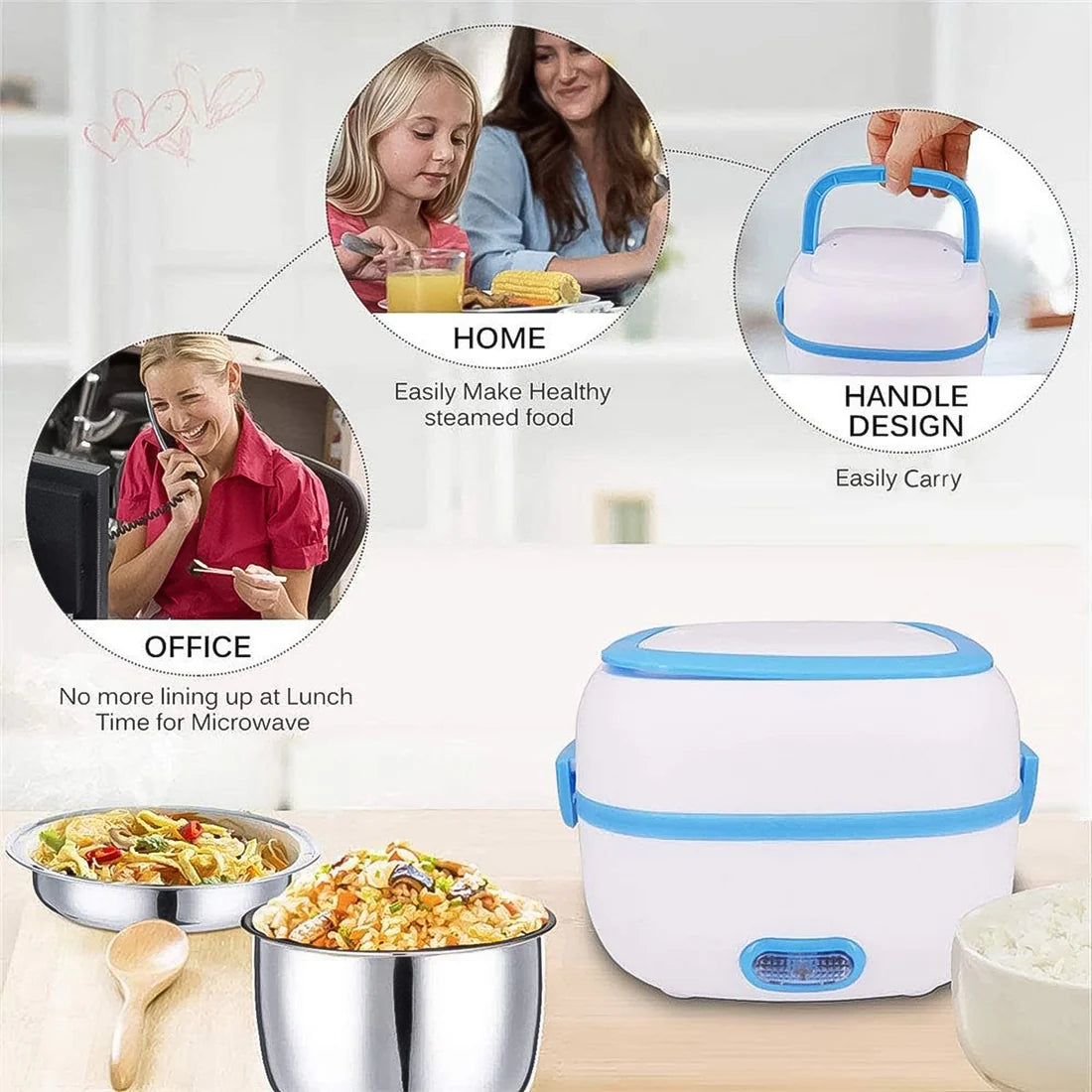 3-in-1 Electric Lunch Box with Stainless Steel Bowls - Happy Price - Image 3