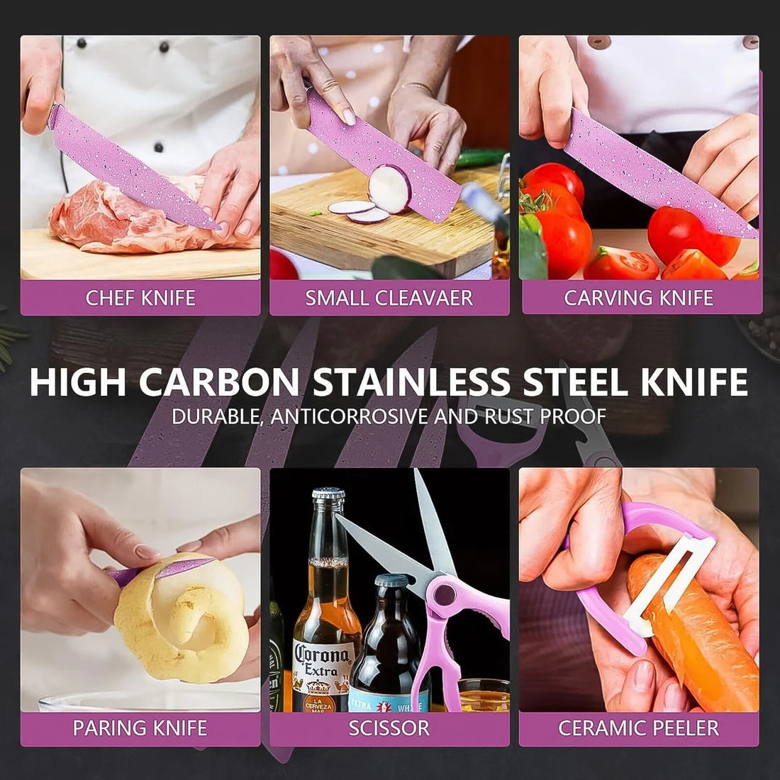 6 Piece Stainless Steel Kitchen Knife Set with Ceramic Coating, Scissor & Peeler - Happy Price - Image 4