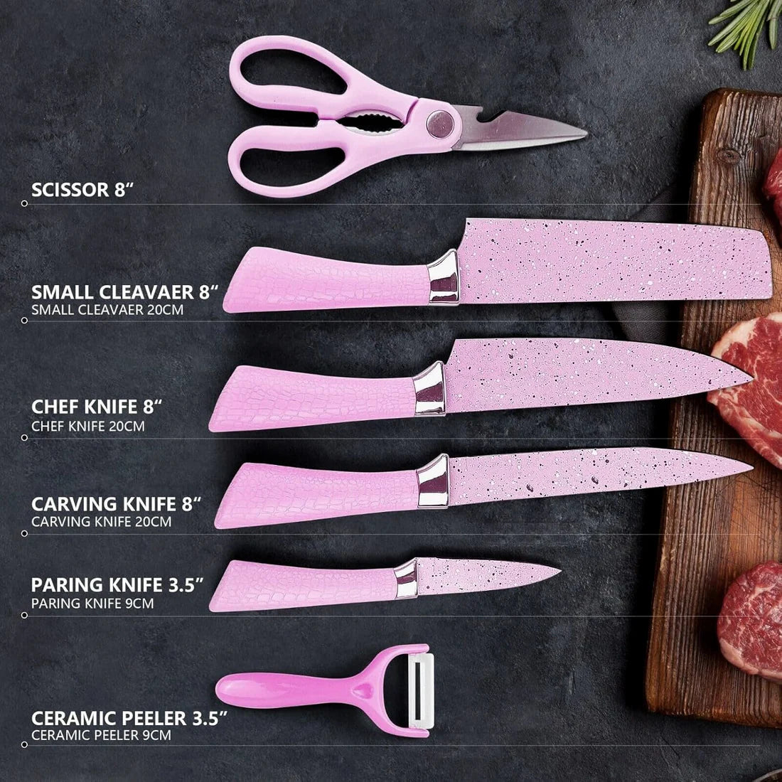 6 Piece Stainless Steel Kitchen Knife Set with Ceramic Coating, Scissor & Peeler - Happy Price - Image 6
