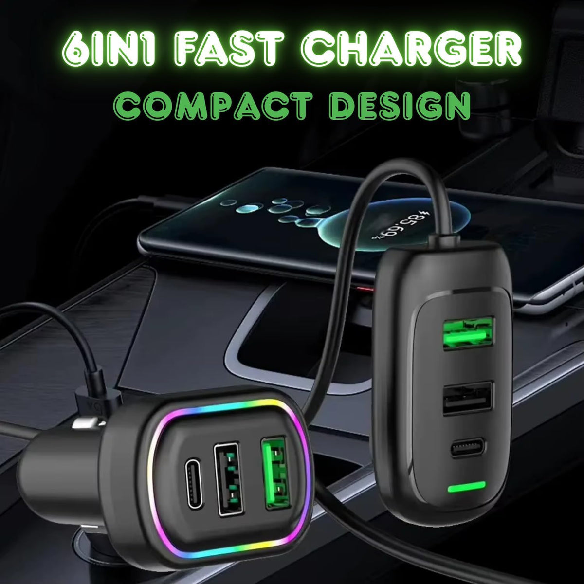Multi-Port Car Charger with Type-C & RGB Light, 1.5m Extension Cable - Great Price - Image 3