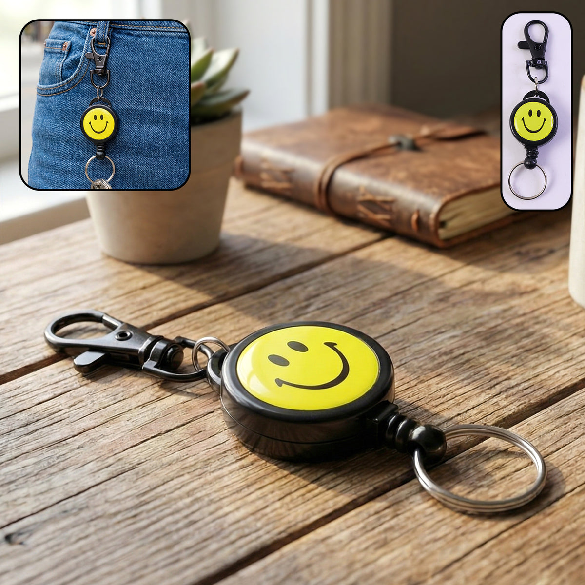 Smiley Face Retractable Keychain with Clip (1 Pc) - Happy Price - Image 2