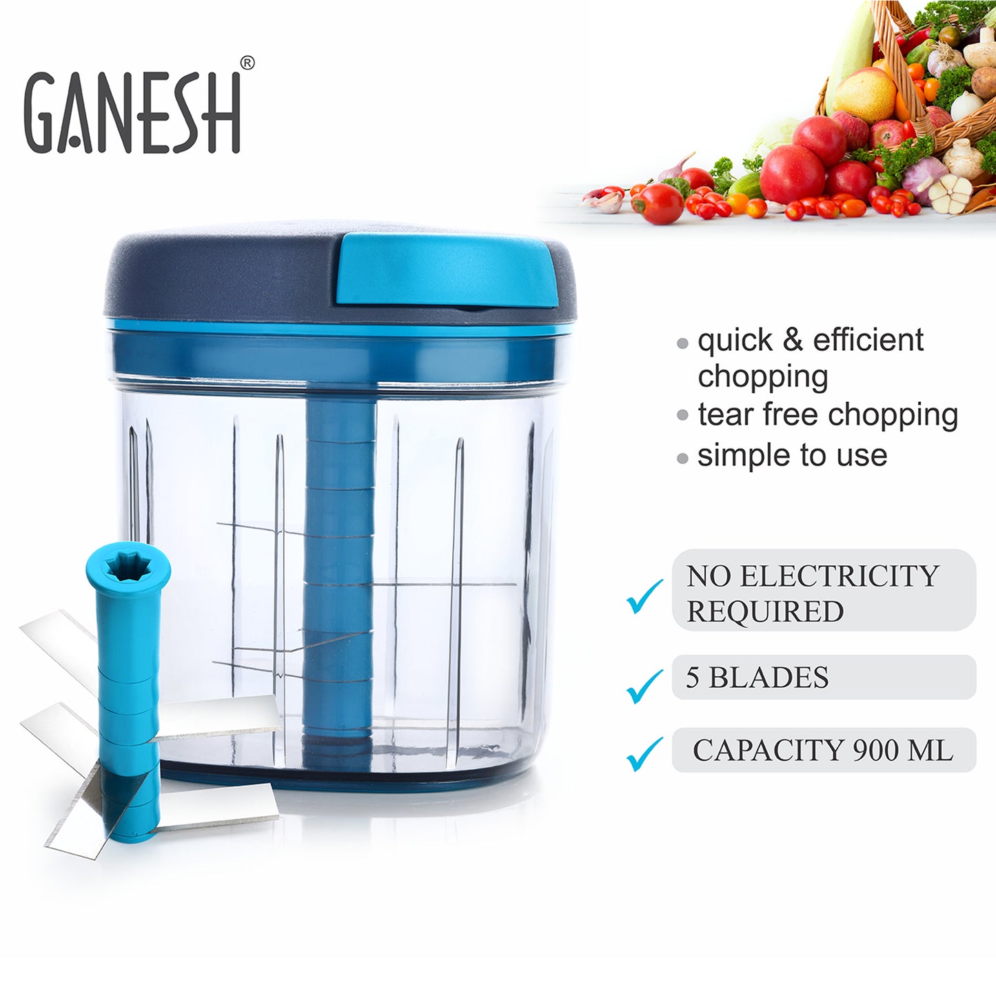 Ganesh Master Chopper With 5 Stainless Steel Blades Xl Large Jumbo Chopper (900 Ml) - Happy Price - Image 2
