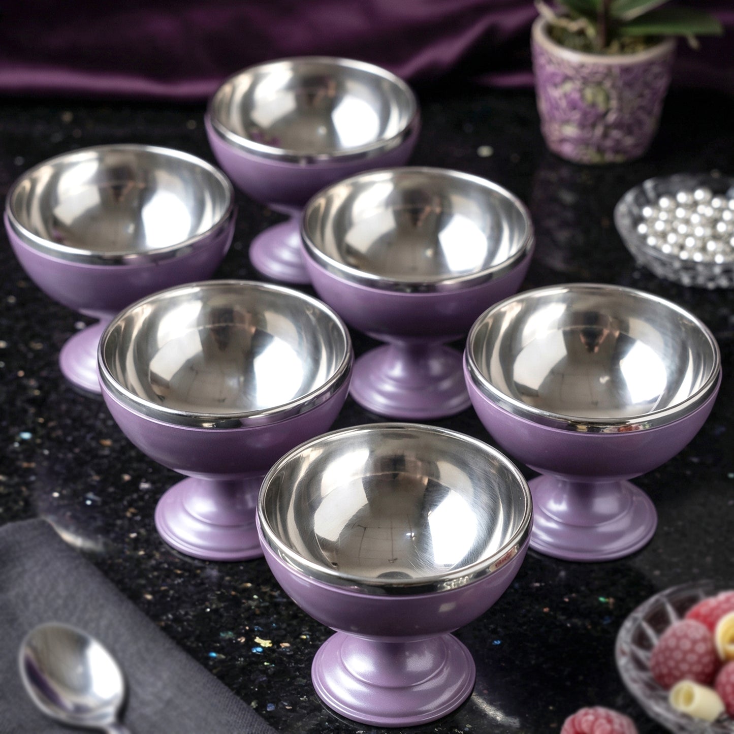 6 Piece Stainless Steel Dessert Bowl Set with Stand for Ice Cream & Pudding - Great Price - Image 3