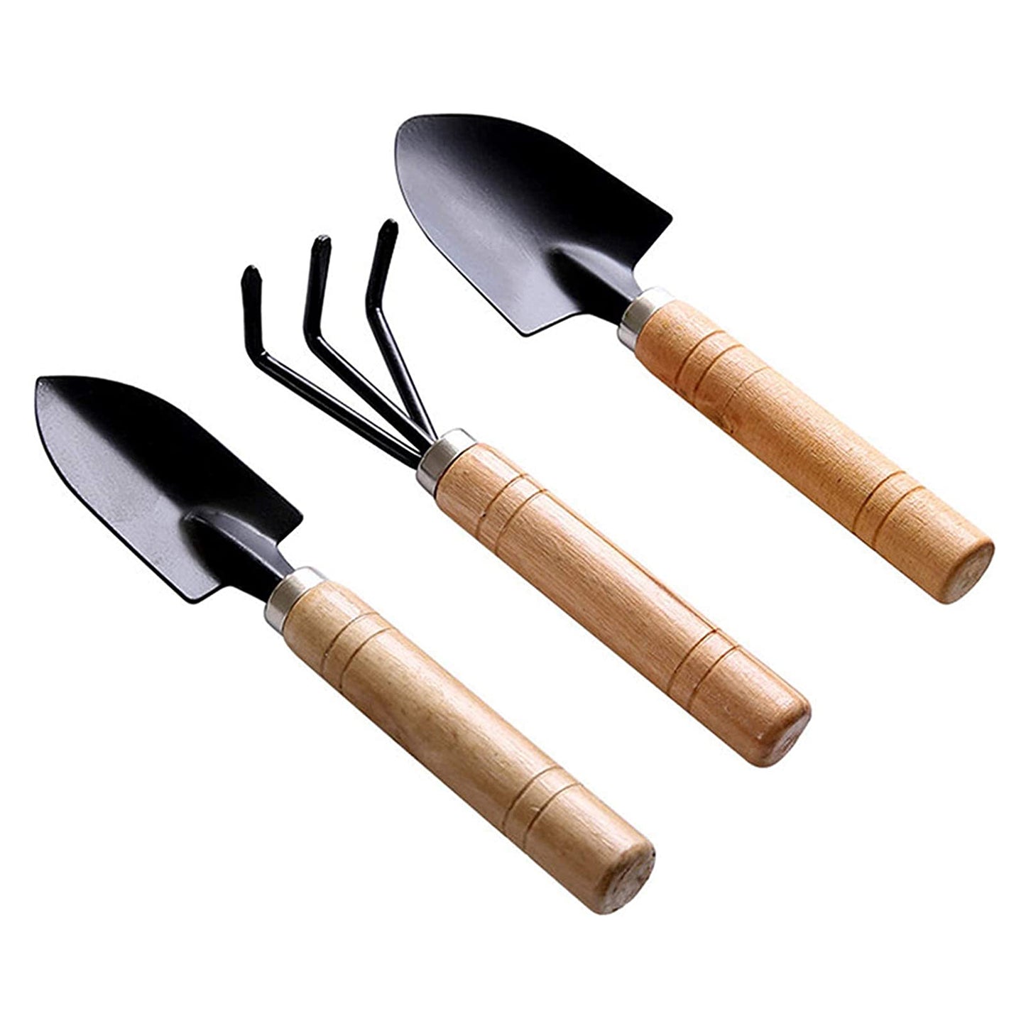 3 Piece Garden Tool Set with Wooden Handles - Trowel, Transplanter, Rake - Happy Price - Image 2