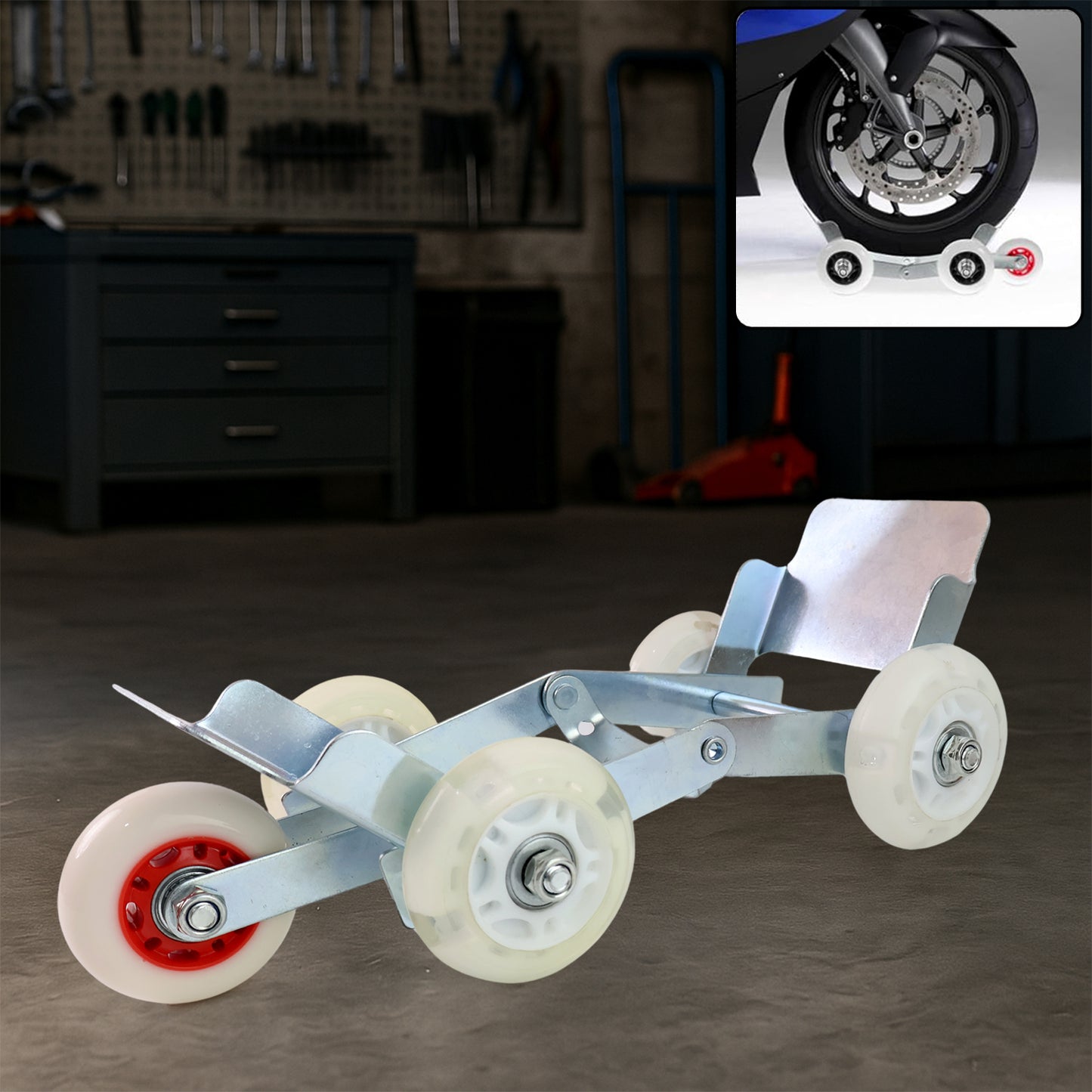 Motorcycle Front Wheel Roller Stand - Heavy Duty Metal with 4 Nylon Wheels (1 Pc) - Happy Price - Image 2