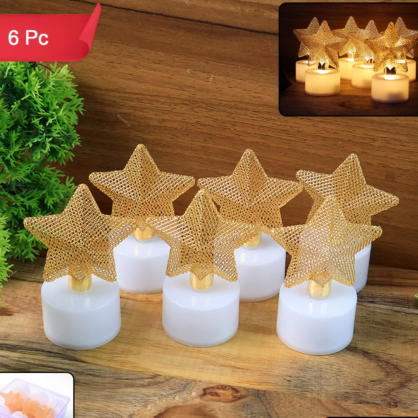 Set of 6 Golden Star LED Flameless Tealight Candles - Happy Price - Image 1