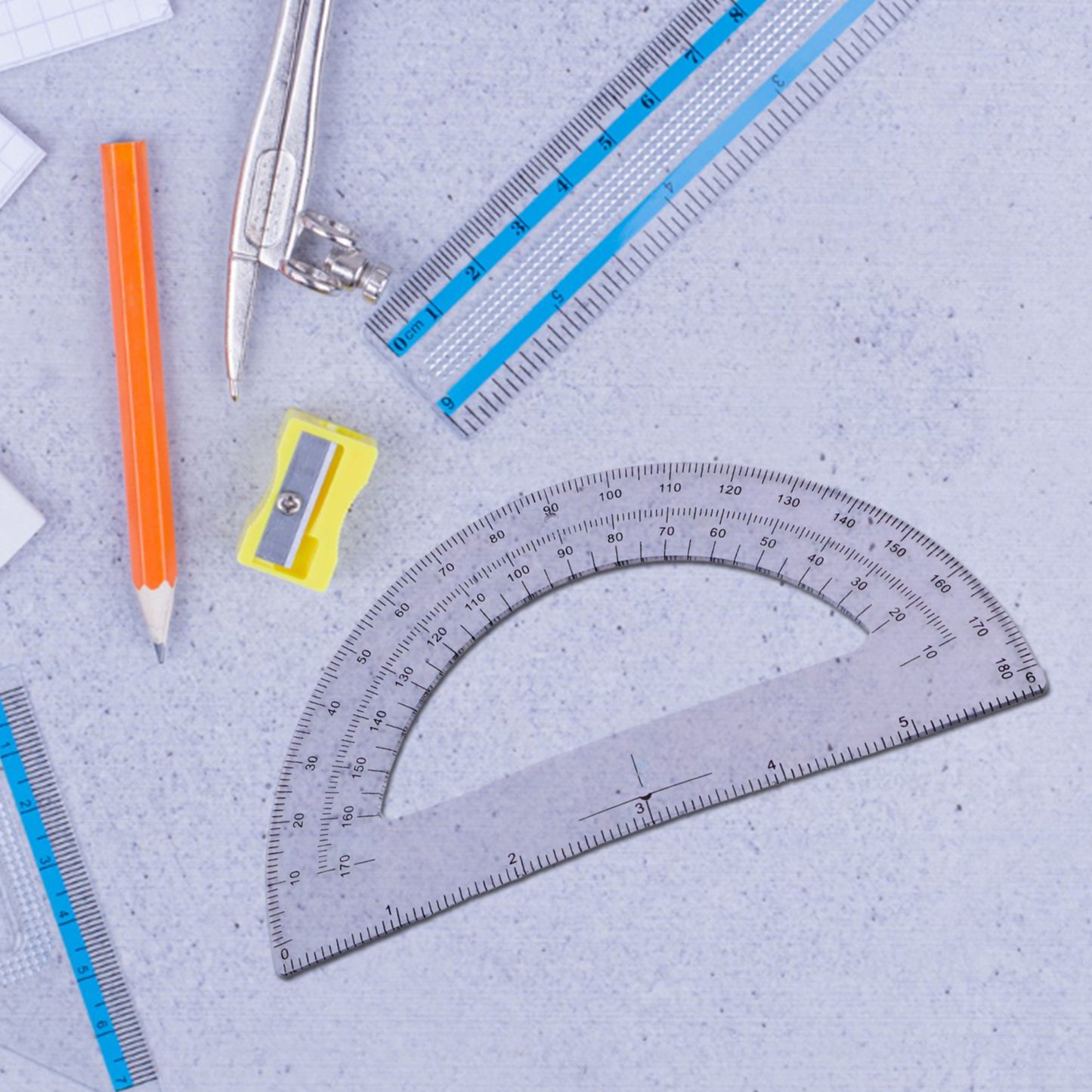 2 Pc Geometry Set Built-in Pencil Grip + Transparent Plastic Protractor School Geometry Tools Kit - Happy Price - Image 3