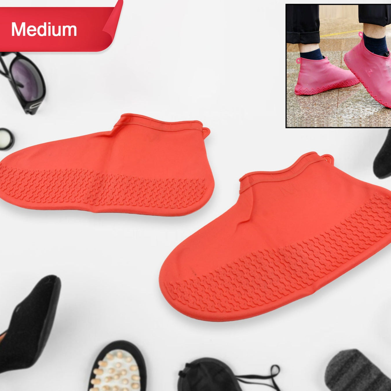 Non-slip Silicone Rain Reusable Anti Skid Waterproof Fordable Boot Shoe Cover (Medium Size 1 Pair Red) - Happy Price - Image 1