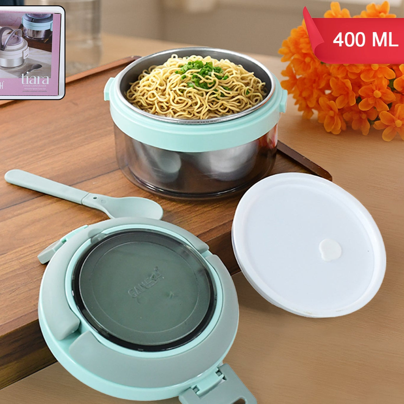 Ganesh Tiara 400ml Stainless Steel Insulated Lunch Box With Leakproof Lid Folding Spoon - Happy Price - Image 1