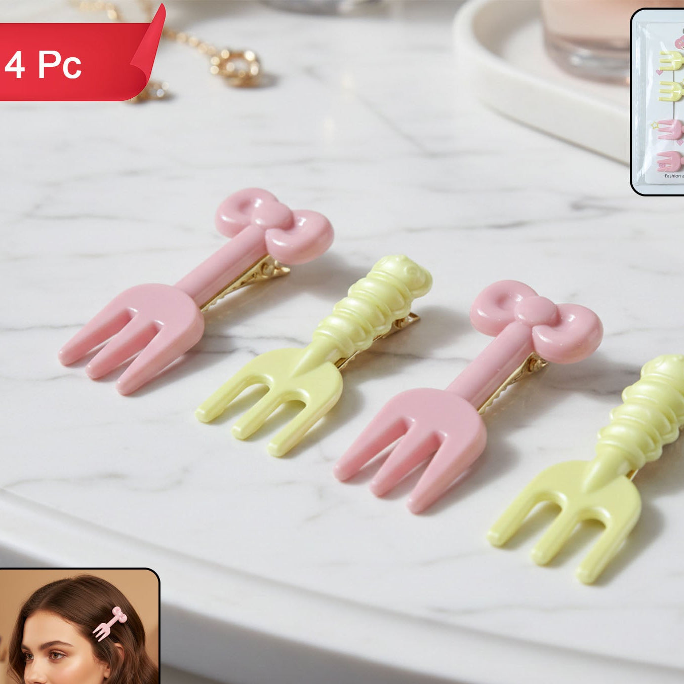 4 Pc Mini Fork Hair Clips Set for Girls & Women - Pastel Style - Happy Price - Image 1
