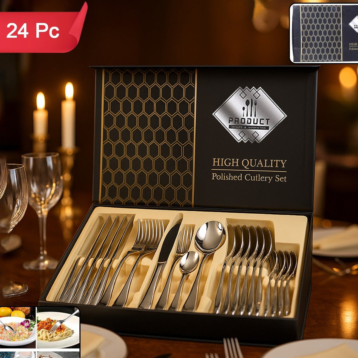 24 Piece Stainless Steel Cutlery Set - Polished Dinnerware with Spoons, Forks, Knives in Gift Box - Happy Price - Image 1
