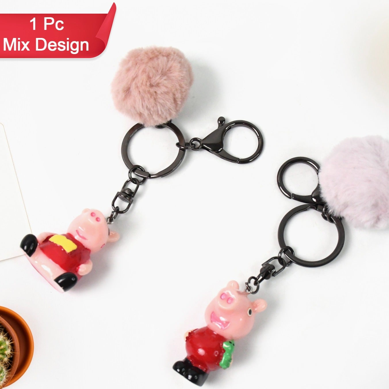Cute Cartoon Keychain With Fluffy Pom (1 Pc Mix Design) - Happy Price - Image 1