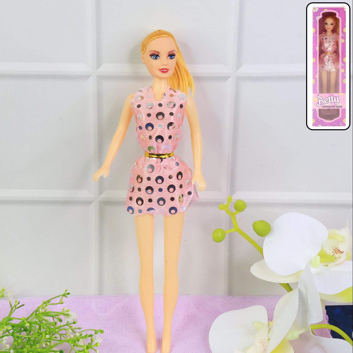 Fashion Doll with Polka Dot Dress & Belt (1 Pc) - Movable Limbs, Safe Plastic Toy - Happy Price - Image 1