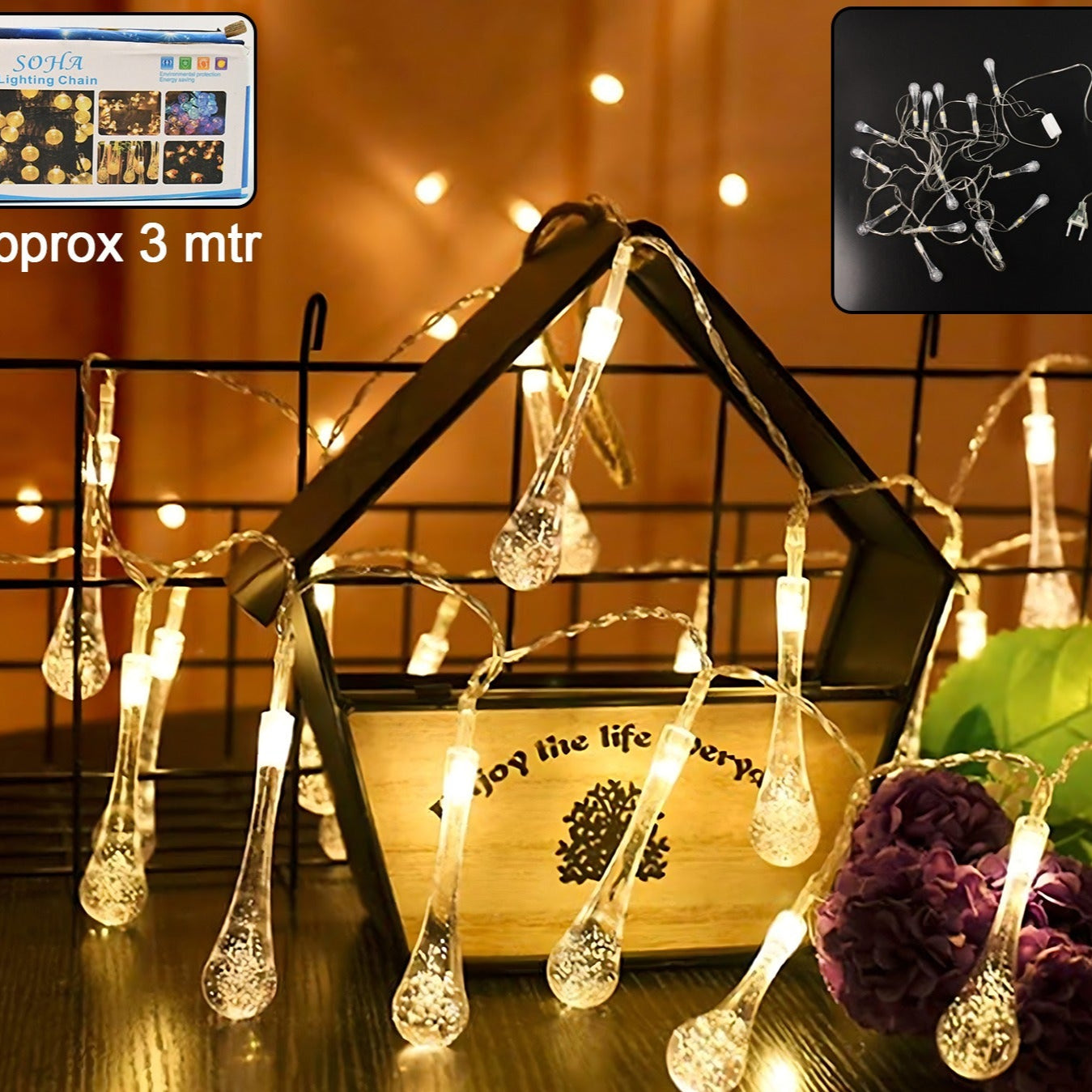 Decorative Led Lighting Chain With Crystal Water Drop Bulbs Approx 3 Mtr (1 Pc) - Happy Price - Image 1