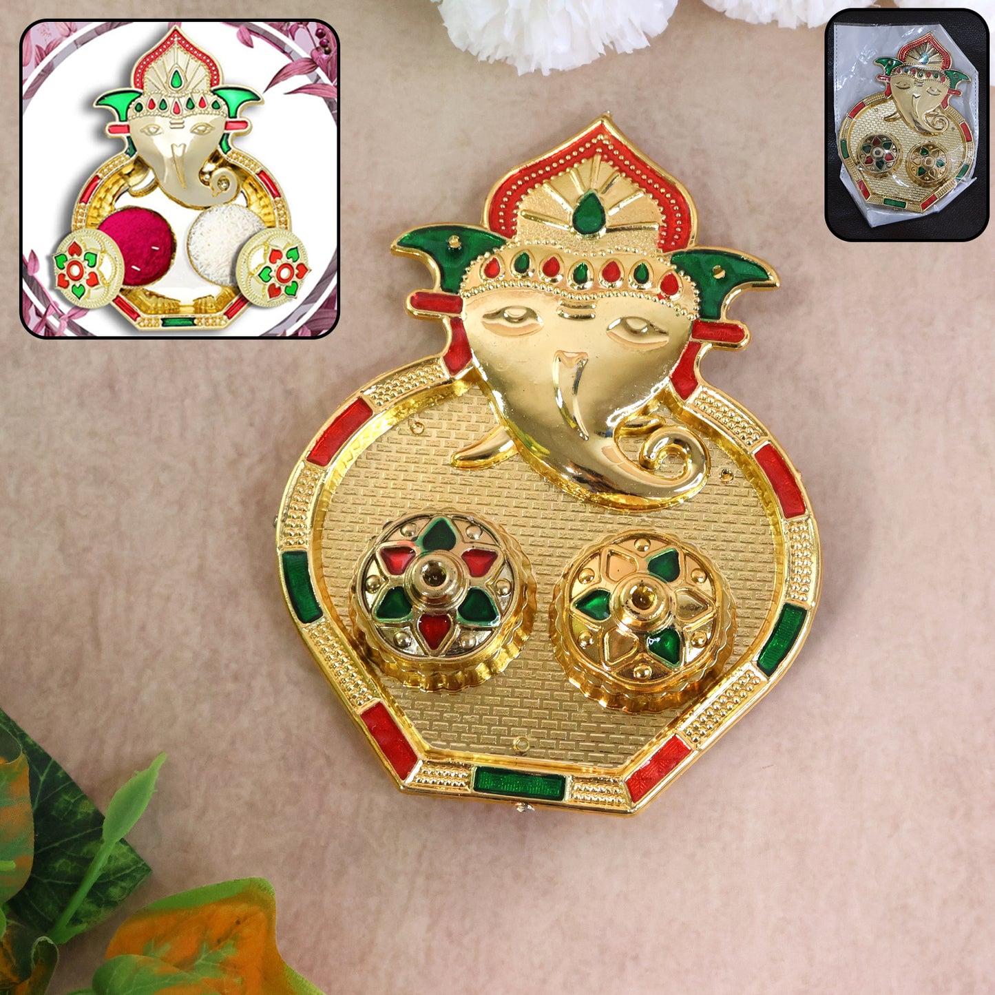 Ganesh Design Kumkum Box - 1 Pc Golden Finish with Stone Work - Happy Price - Image 2