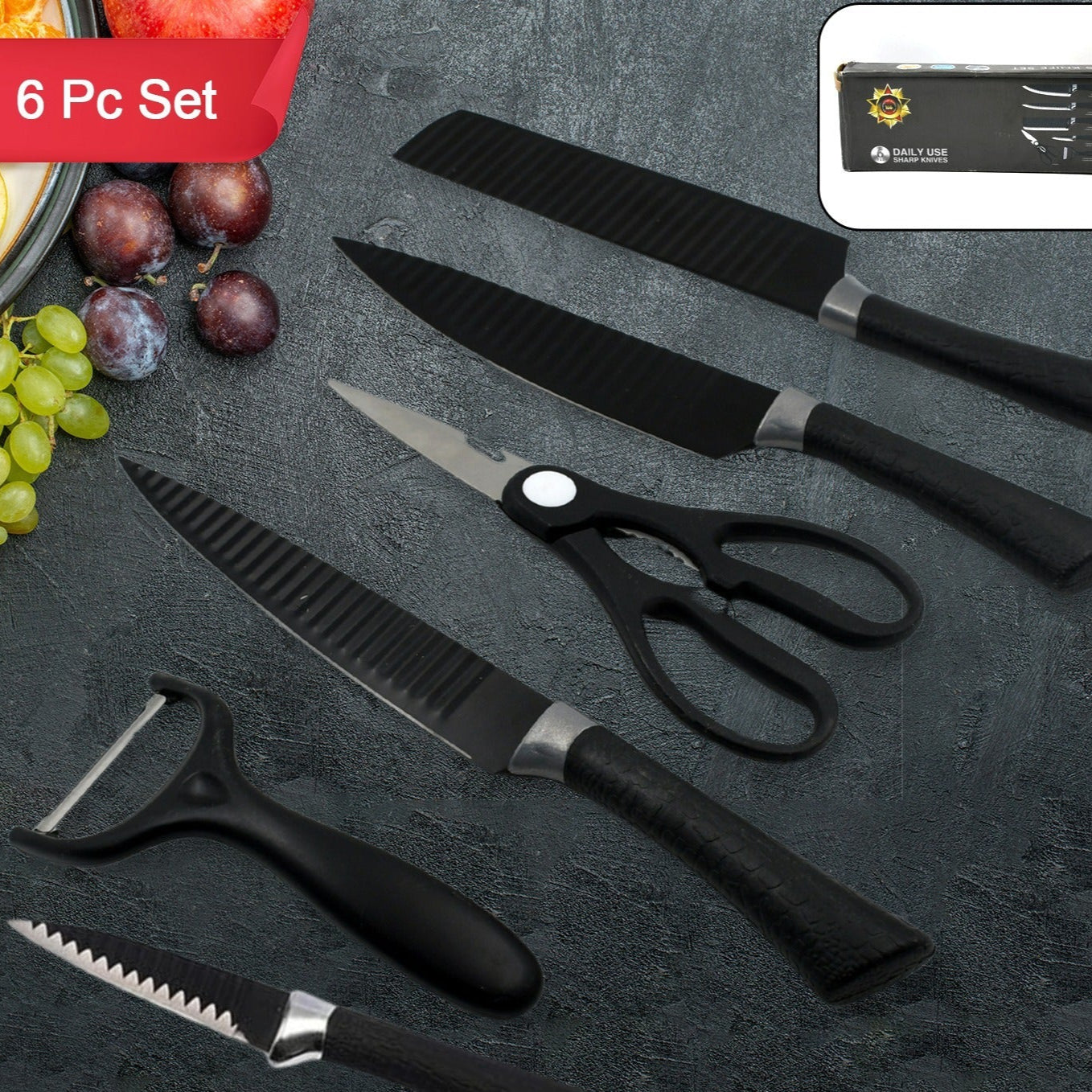 6 Pieces Professional Kitchen Knife Set Meat Knife Chefs Knife With Non-slip Handle For Home Kitchen And Restaurant With Chef Peeler And Scissor (Stainless Steel 6 Pcs Set) - Happy Price - Image 1