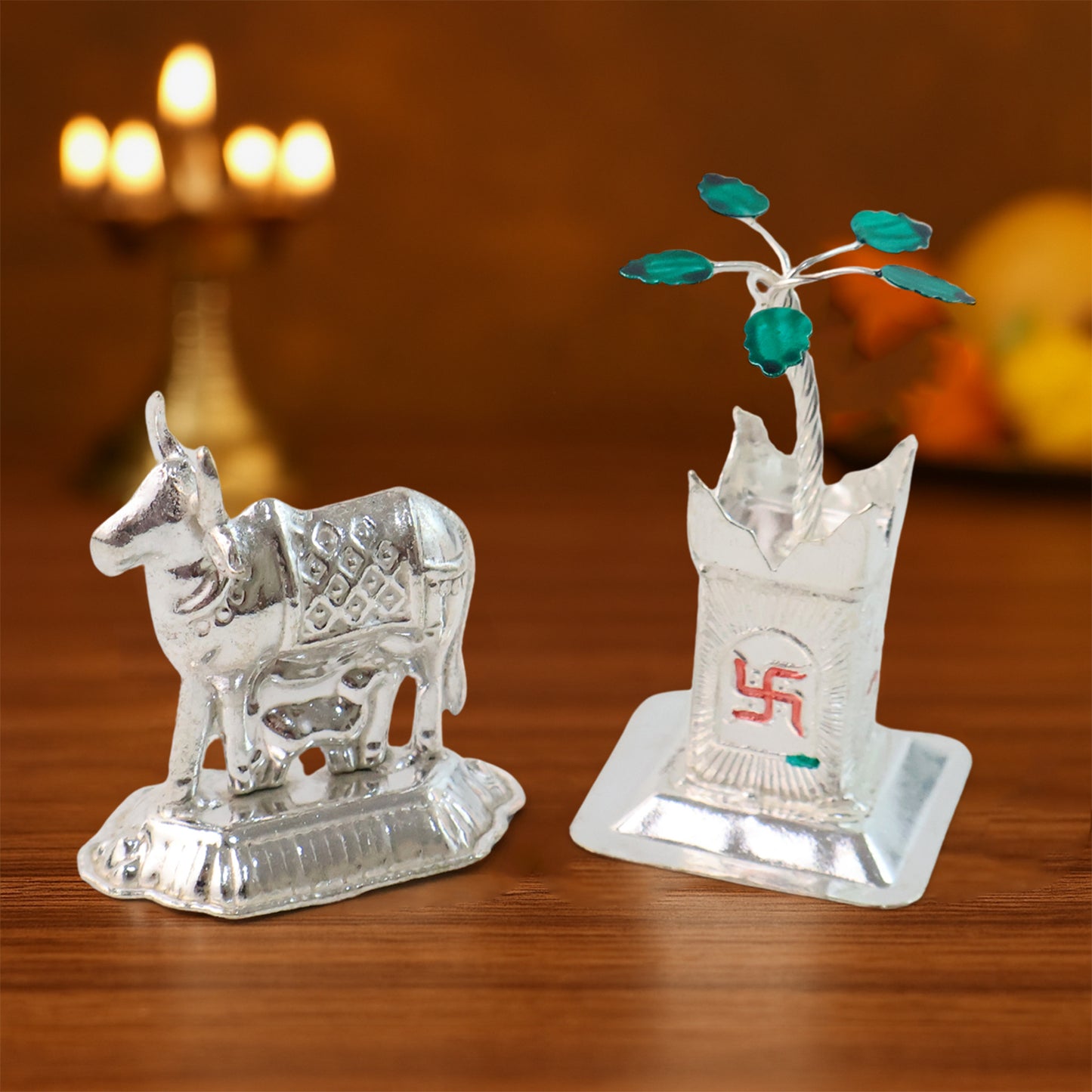 Silver-Plated Kamdhenu Cow Calf & Tulsi Plant Pooja Decor Set - Great Price - Image 2