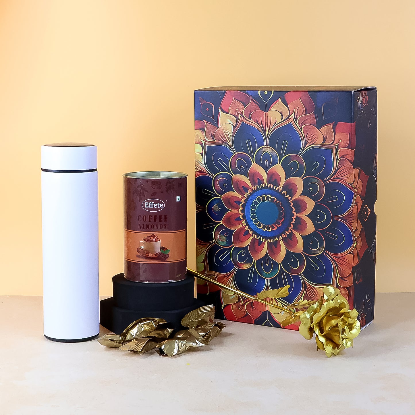 Effete Coffee Almonds & Golden Rose Gift Set with Steel Bottle (3 Pc) - Happy Price - Image 3