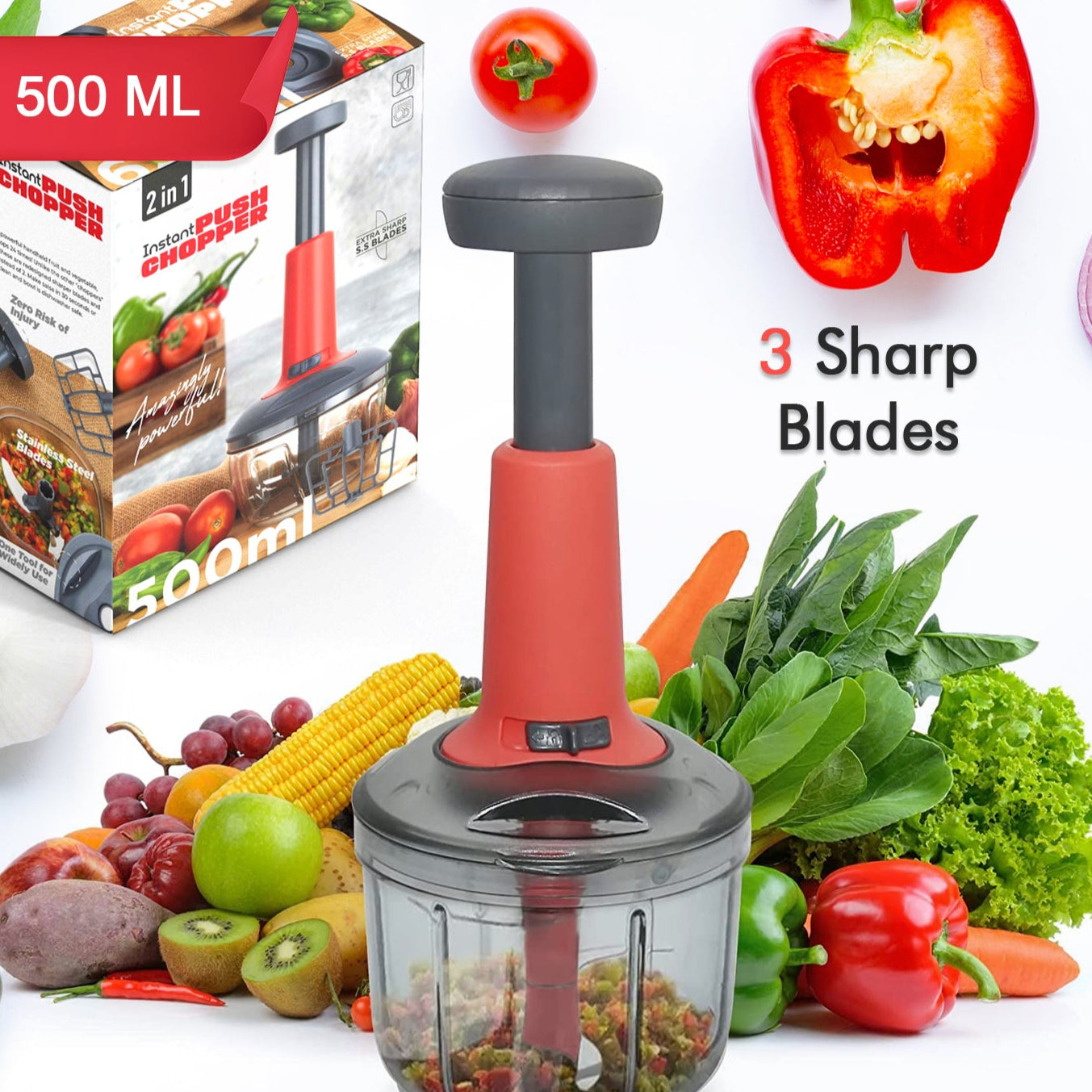 Matte Finish Manual Hand Press Chopper For Kitchen Mini Handy Compact Chopper With 3 Blades For Effortlessly Chopping Vegetables Fruits For Your Kitchen. - Happy Price - Image 1