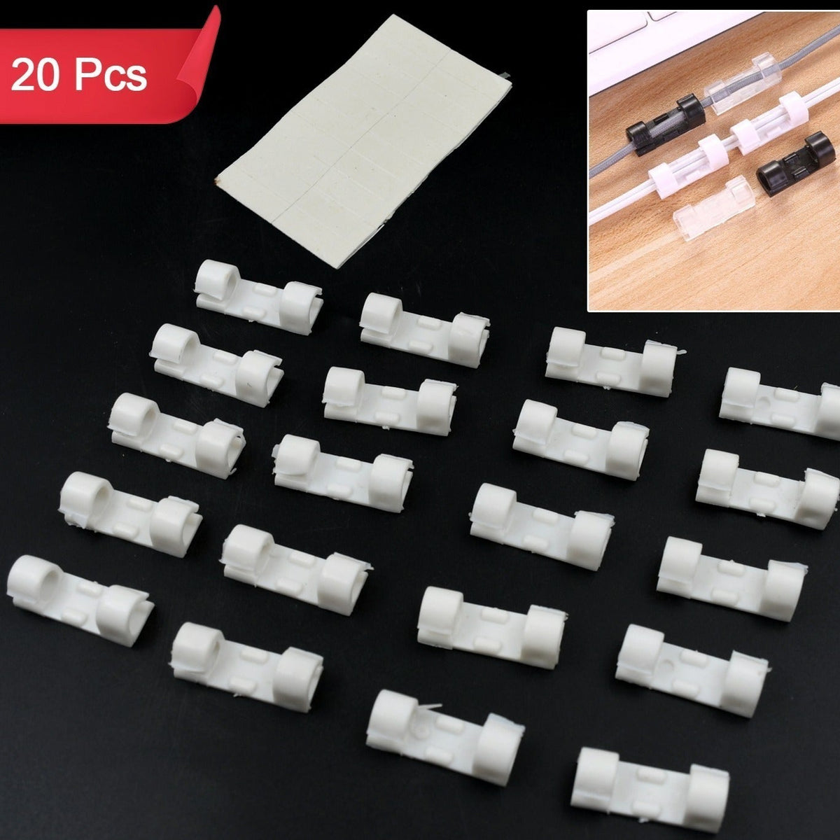 Plastic Clips Stronger Adhesive Tape Cable Manager Wire Manager Wire Clamp Wire Clips For Cable Cable Organizer Cord Holder Cord Clips For Car Office And Home (20 Pcs Set) - Happy Price - Image 1