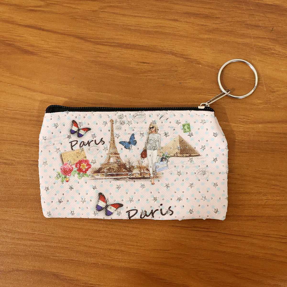 Small Paris Print Zipper Pouch with Key Ring - 1 Pc - Happy Price - Image 7
