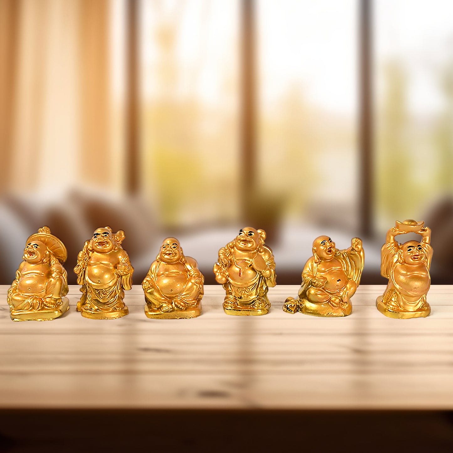 Golden Laughing Buddha Set Of Six Pieces Statue For Happiness Wealth Good Luck Decor For Wealth And Success (6 Pcs Set) - Happy Price - Image 2