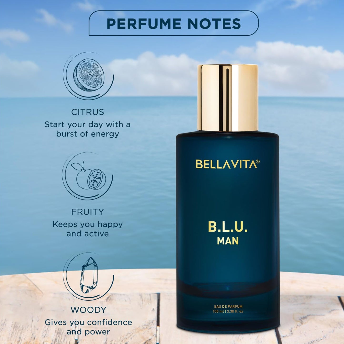 Bellavita B.L.U. Man Eau De Parfum 100 ML - Fresh Aquatic Scent for Men - Great Price - Image 3