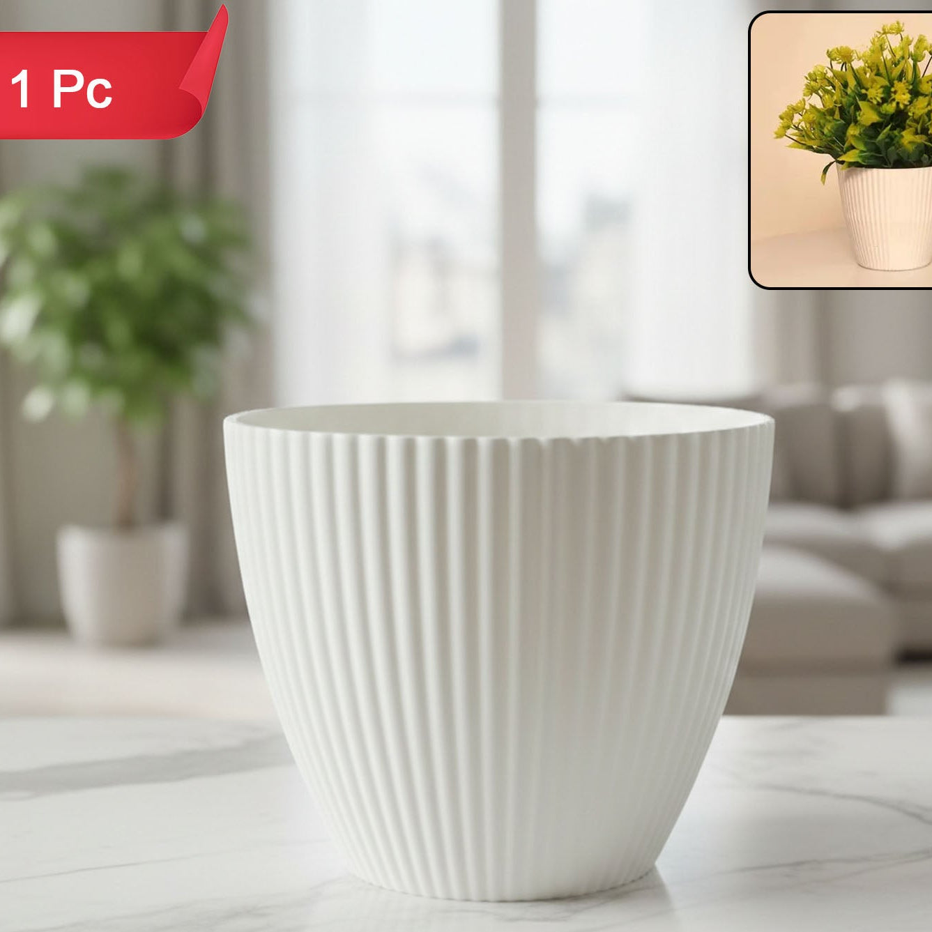 White Ribbed Decorative Flower Pot (1 Pc) - Modern Indoor Planter - Happy Price - Image 1