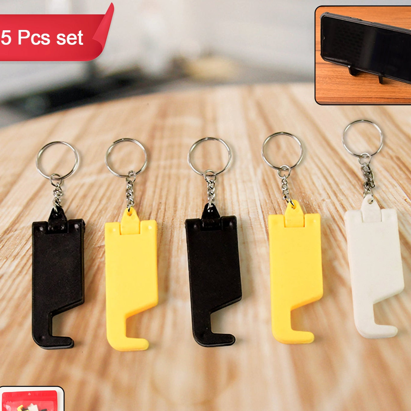 2 In 1 Plastic Keychain With Mobile Stand Phone Holder (5 Pcs Set Multicolor) - Happy Price - Image 1