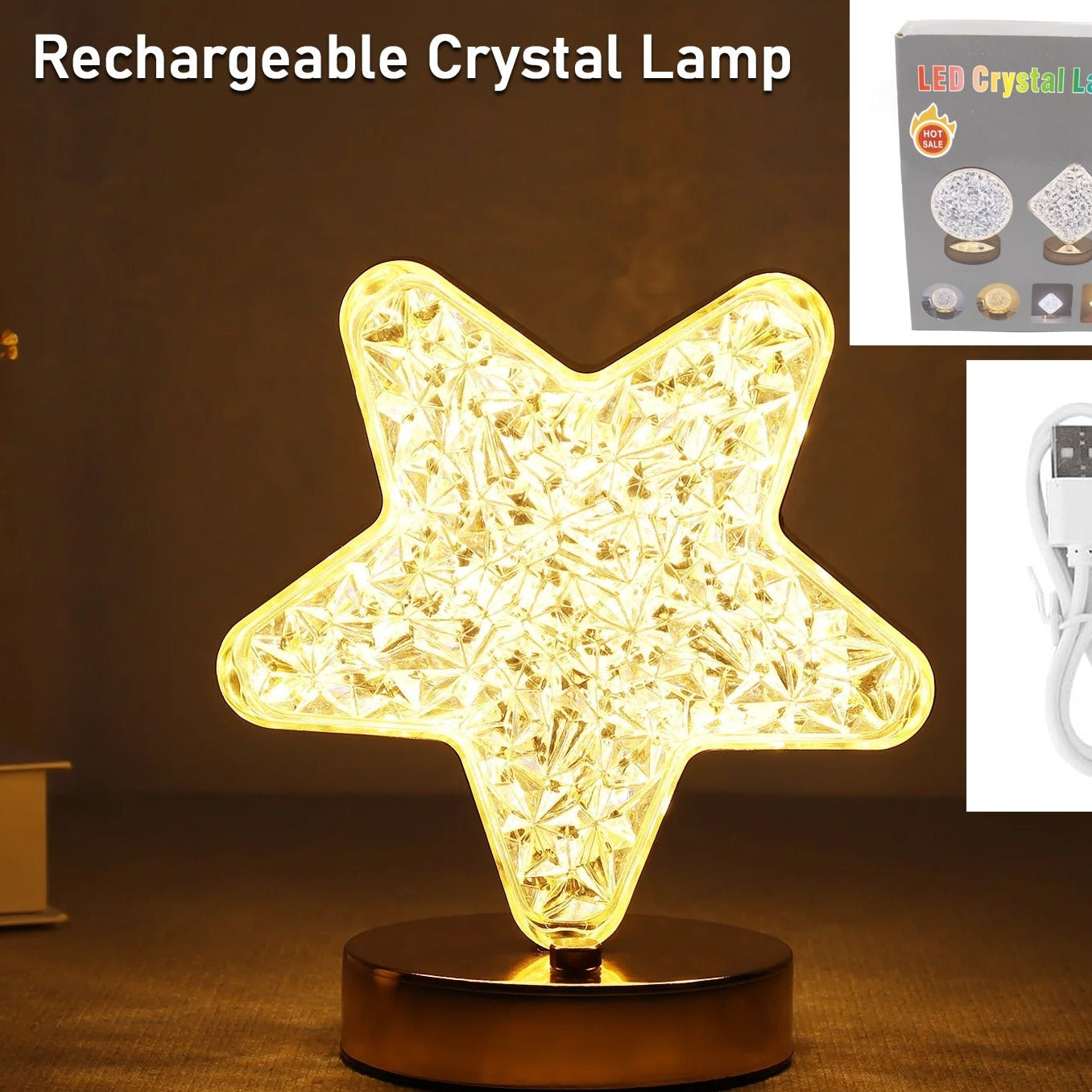 Star Shape Crystal Diamond Lamp Cordless Luxury Lamp With Usb Rechargeable 3-way Dimmable Touch Control Decorative Nightstand Lamp For Bedroom Living Room Party Restaurant Decor (1 Pc ) - Happy Price - Image 1