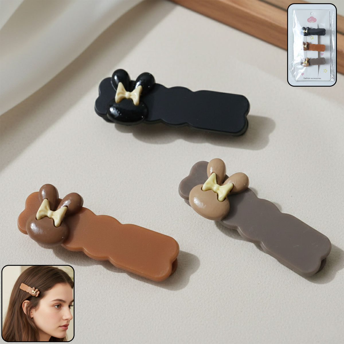 Cute Character Bow Hair Clip Set for Girls - Pack of 3 - Happy Price - Image 2