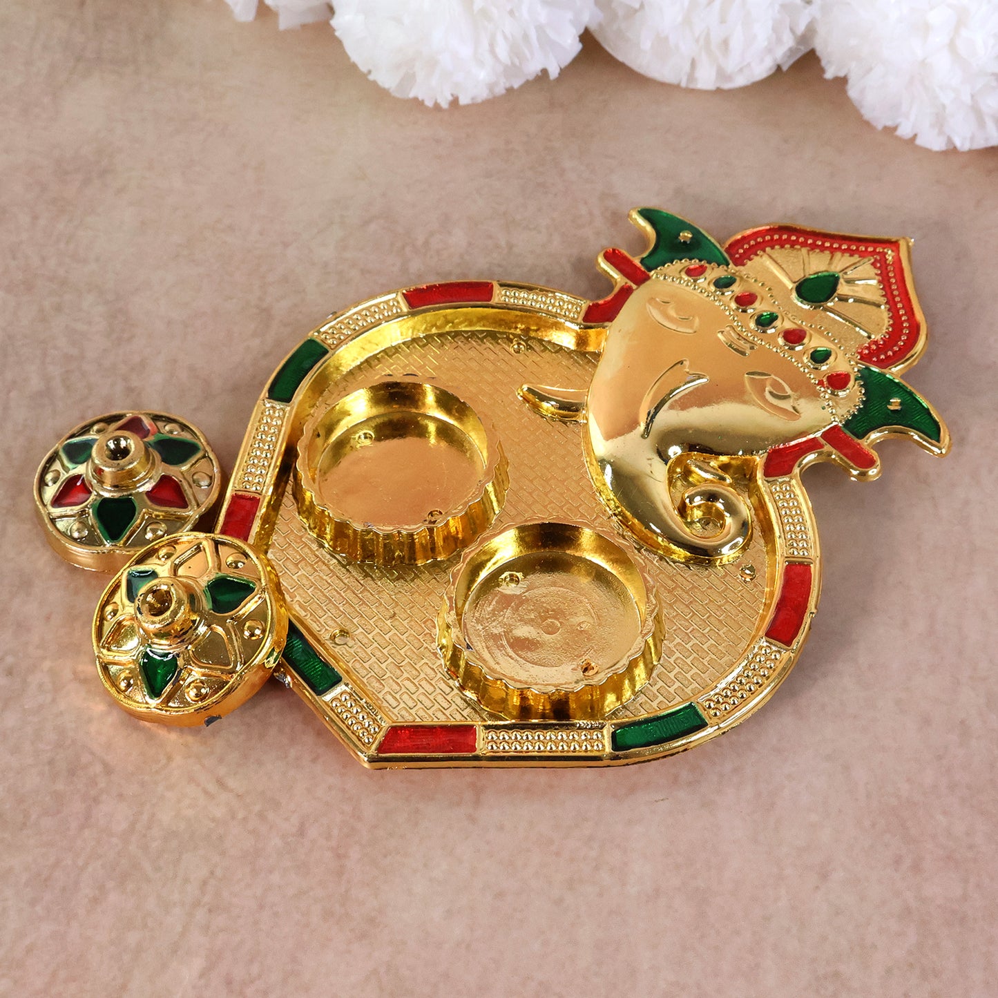 Ganesh Design Kumkum Box - 1 Pc Golden Finish with Stone Work - Happy Price - Image 4