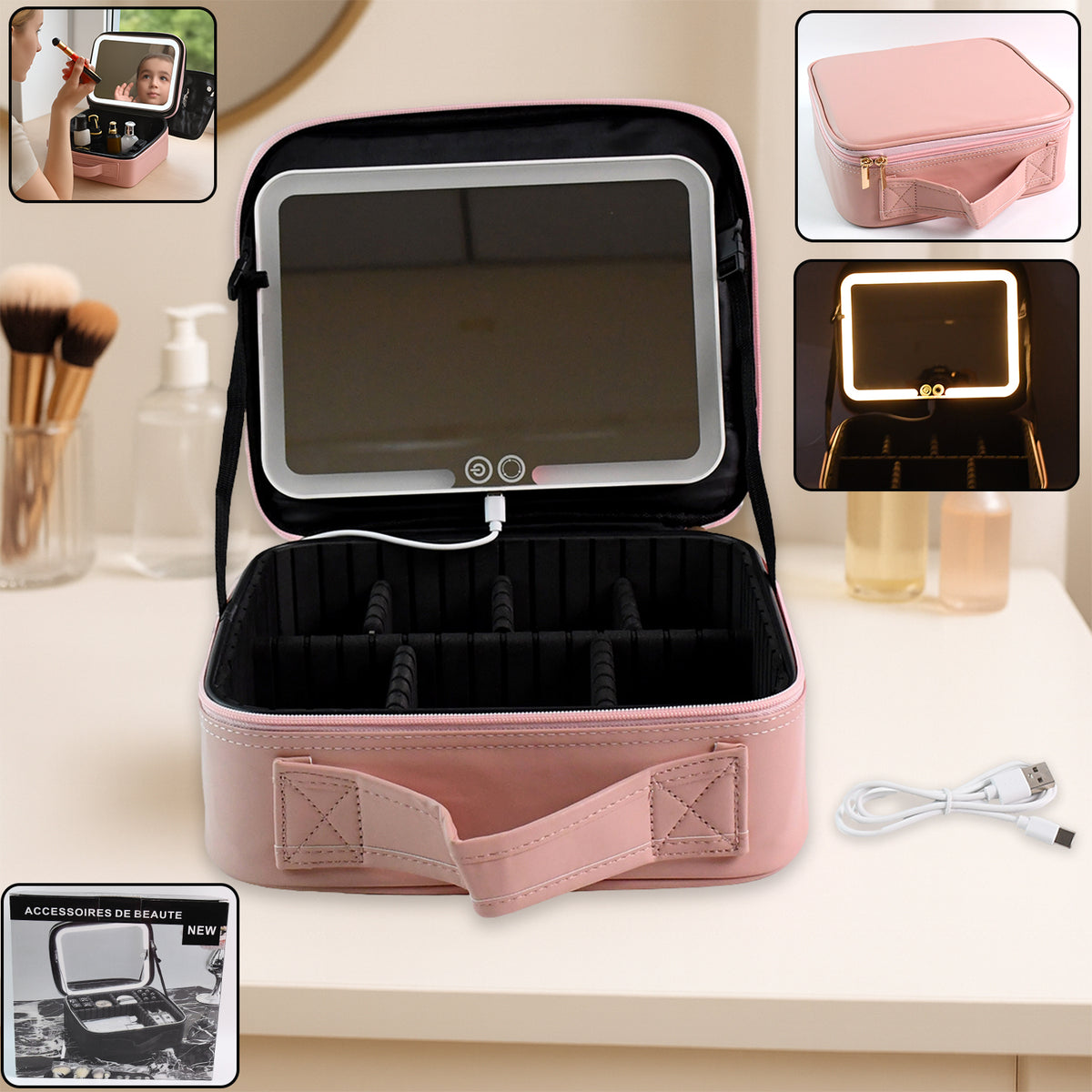 Pink Premium Led Light Makeup Organizer Box (1 Pc) - Happy Price - Image 3