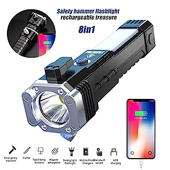 Portable 3w Rechargeable Torch Led Flashlight Long Distance Beam Range Hammer And Strong Magnets Window Glass And Seat Belt Cutter 4 Modes For Car Camping Hiking Indoor Outdoor - Happy Price - Image 5