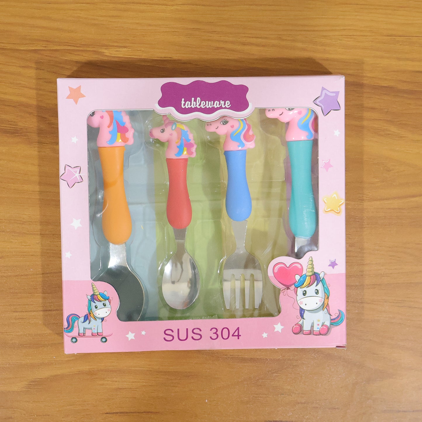 Unicorn Theme Kids Spoon Fork Set - 4 Pc Stainless Steel Cutlery with Plastic Handle - Great Price - Image 7