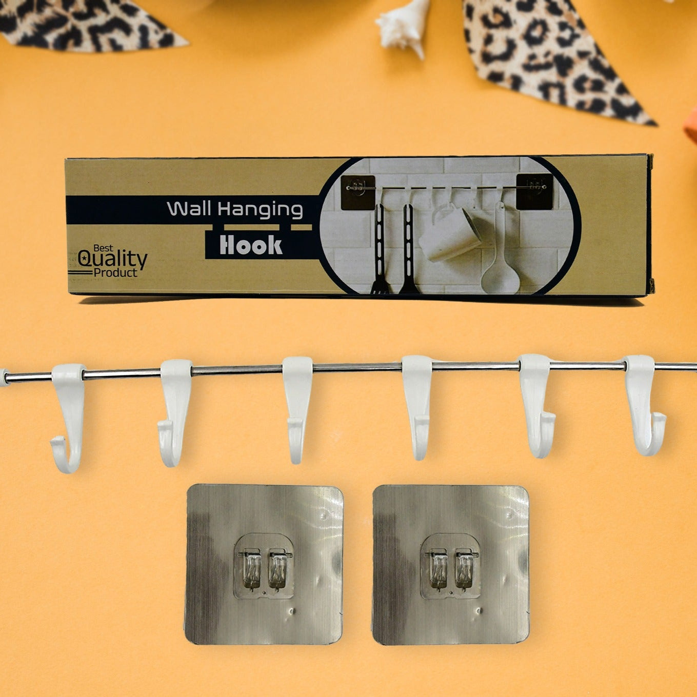 Stainless Steel Utensil Hanger Rail Nail Free Wall Mount With 2 Magic Stickers 6 Plastic Hooks For Kitchen - Happy Price - Image 1