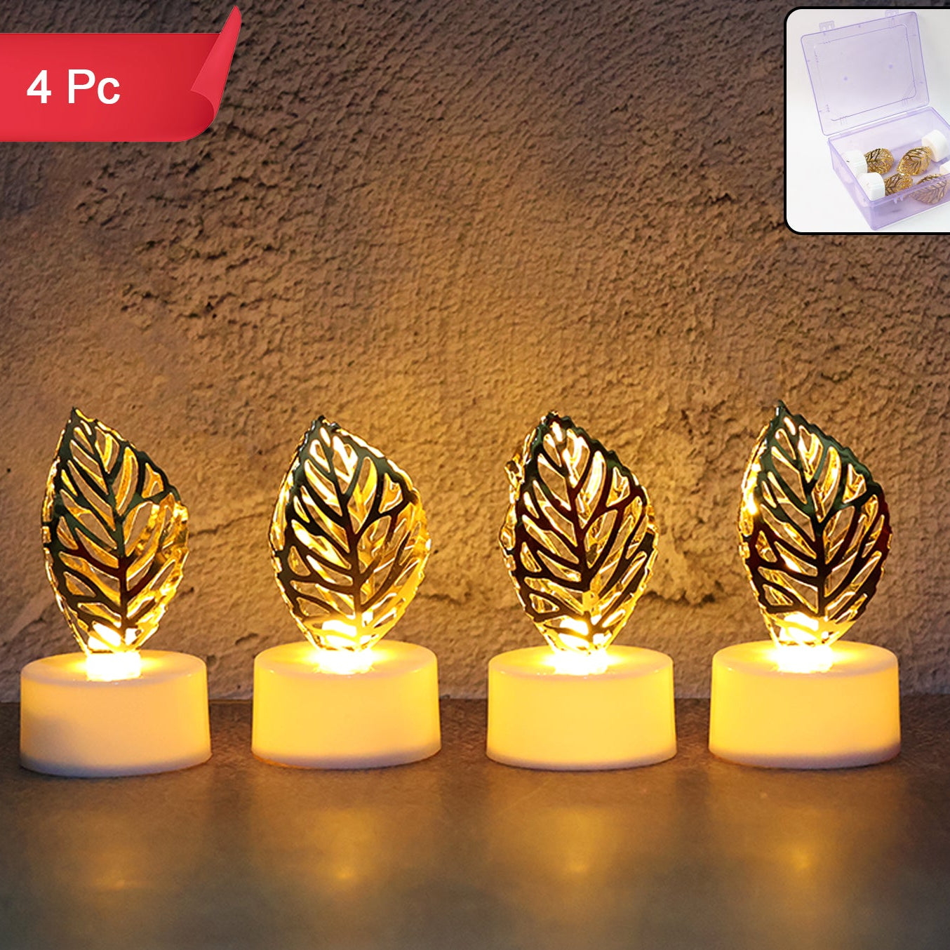 Set of 4 Golden Leaf Flameless LED Candles for Home Decor - Happy Price - Image 1