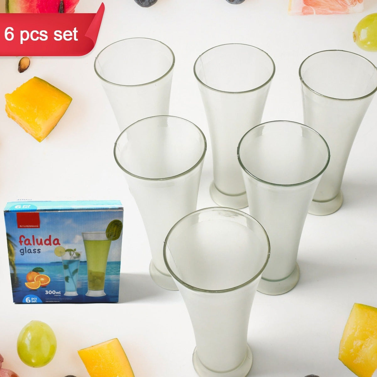 High Quality Faluda Ice Cream Juicer And Water Glasses Set Of 6 Transparent Drinking Water Glasses Stylish Glasses For Faluda Water Juice Glass Set Of 6 Pcs (300 Ml Approx) - Happy Price - Image 1