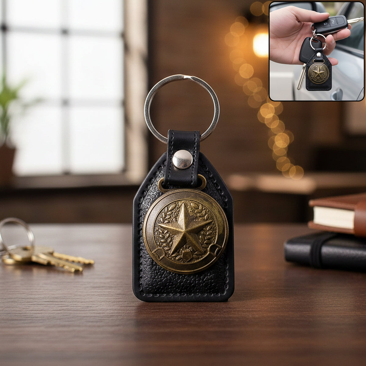 Metal Star Emblem Keychain with Leather Finish - 1 Pc - Happy Price - Image 2