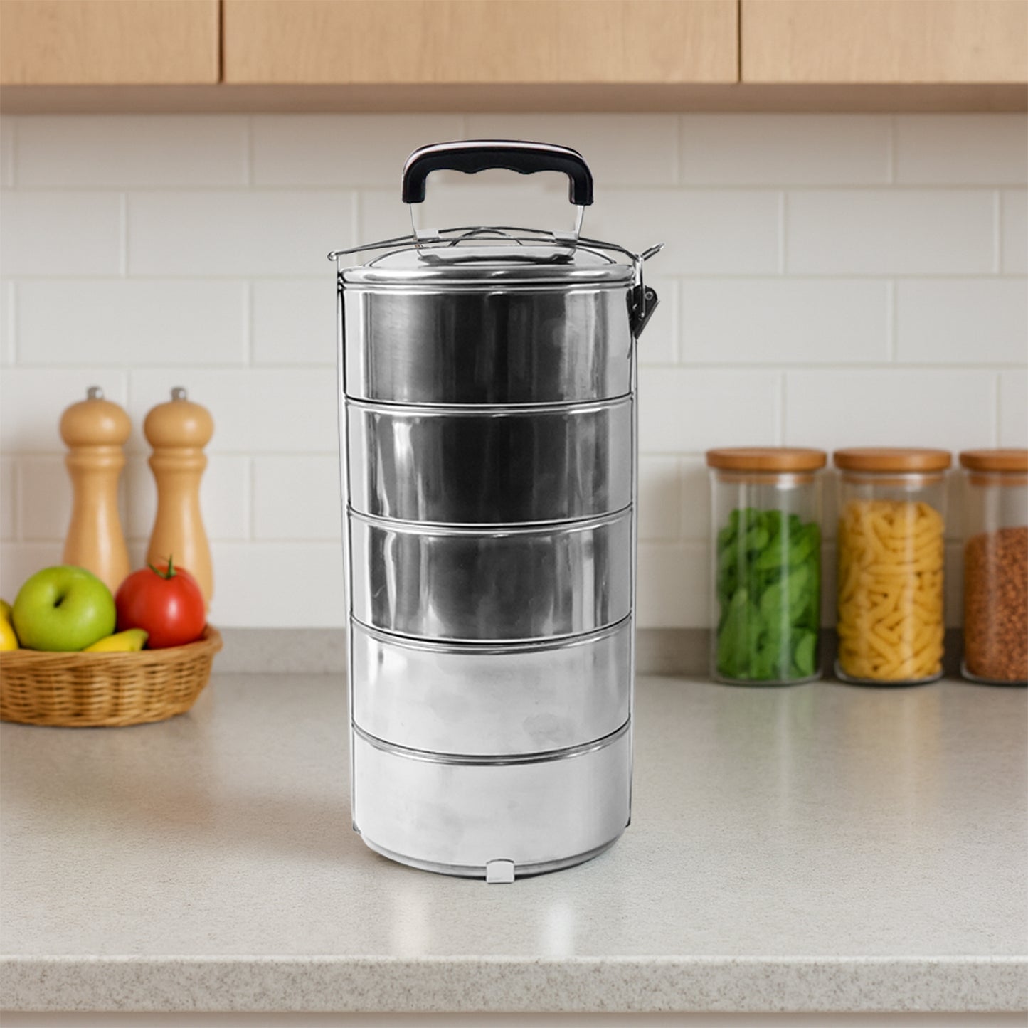 5 Container Stainless Steel Round Tiffin Box - 16x5 Inch Meal Carrier - Happy Price - Image 6