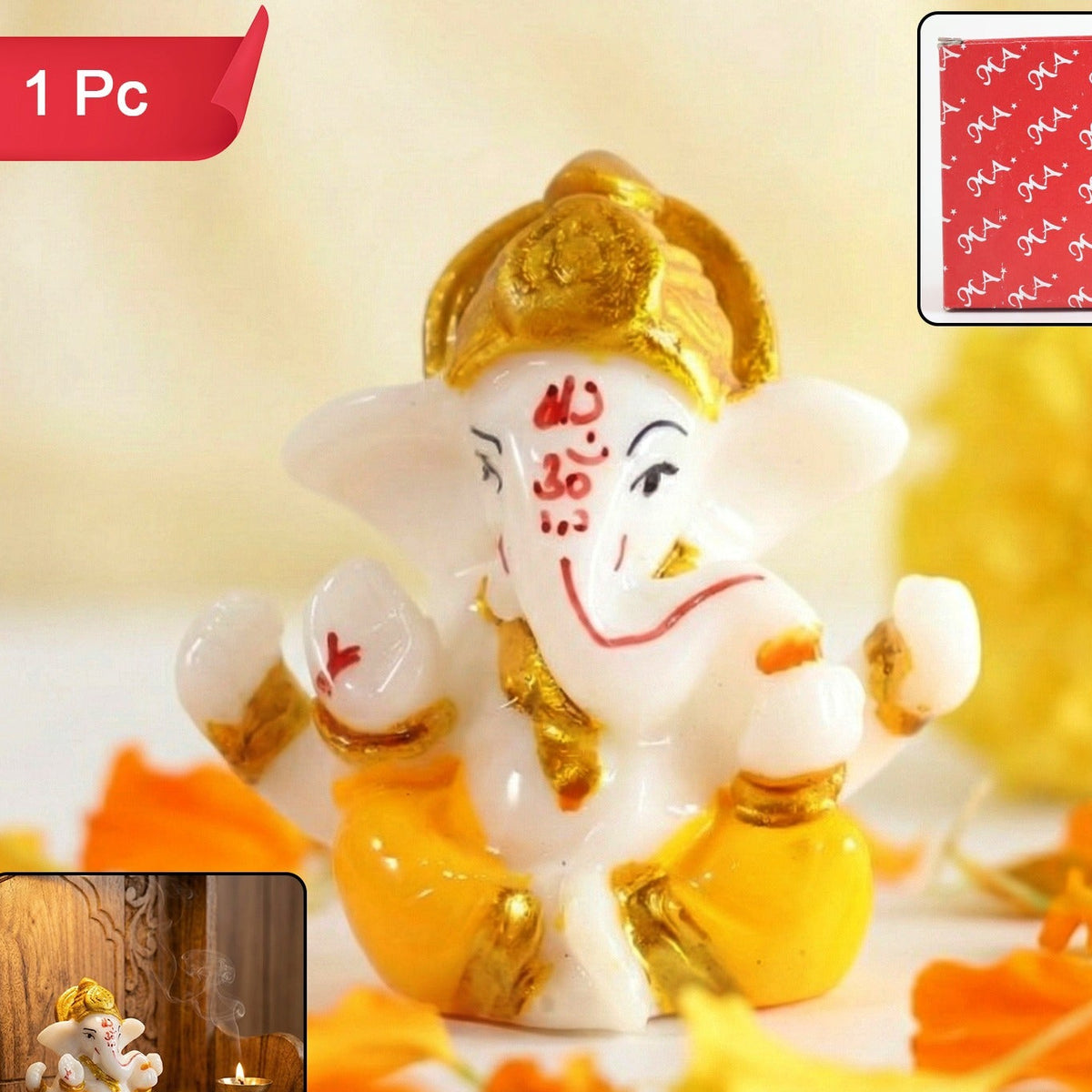 Lord Ganesha Idol - Decorative Ganpati Murti with Golden Crown (1 Pc) - Happy Price - Image 1