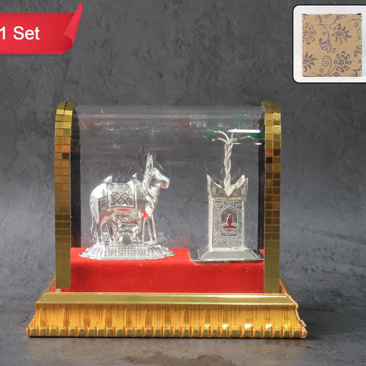 Silver-Plated Kamdhenu Cow with Calf and Tulsi Idol Set in Acrylic Case - Happy Price - Image 1