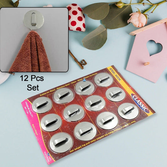 Multipurpose Steel Wall Hanging Hook 12 Pc Self Adhesive Wall Hanging Hooks Sticker Hook Suitable For Wall Paper Calender Bathroom Tiles Kitchen Key Hange And Etc Hook 12  (Pack Of 12) - Happy Price - Image 1