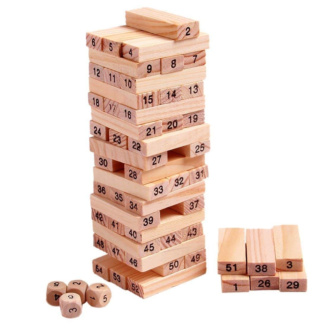 54 Wooden Tumbling Blocks with 4 Dice Game Set - Happy Price - Image 3